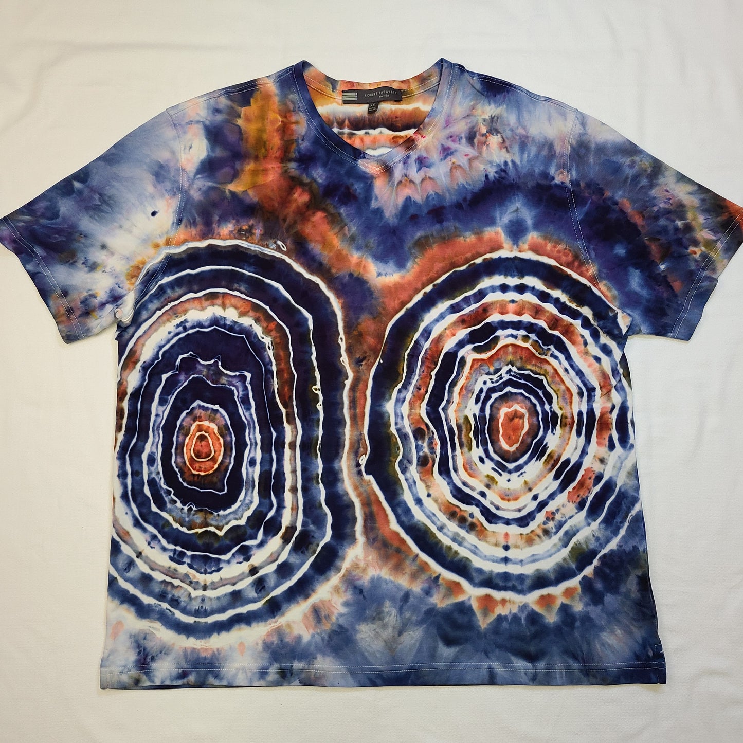 Navy Orange Geode 2XL V Neck Tee Tie Dye