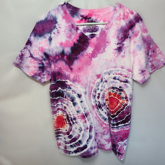 Pink Amathyst Geode Eye Large V neck Tee Tie Dye